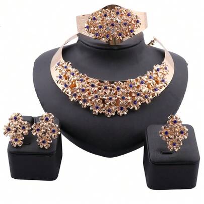 Conjunto de collar tipo gargantilla, aretes y tiara con flores de tono dorado lujoso y cristales azules, joyería exquisita para novia, boda y fiesta, accesorios de declaración como regalo