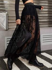 Lace Mesh Layered Skirt With Underskirt - Black - View 3