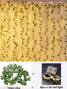 18件/套人造常春藤藤蔓，12片仿真常春藤叶花环，配6串300厘米LED灯串，绿色藤蔓花环，适用于家居、厨房、办公室、婚礼墙面装饰、客厅、教室、户外、情人节等场合，是馈赠佳品。 - 多色 - 查看 12