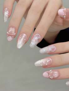 10片手工椭圆形美甲贴纸，适合派对和日常佩戴，粉色美甲，蝴蝶结，猫眼效果，闪亮迷人，夏日必备。10片Y2K风格手工美甲贴纸，适合春夏，打造夏日美甲，夏日风格，适合女孩和女士度假和日常佩戴。 - 粉色 - 查看 4