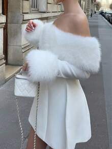 Vestido elegante de mujer de unicolor, de manga larga, con cuello de piel sintética, apropiado para vacaciones, como la Navidad