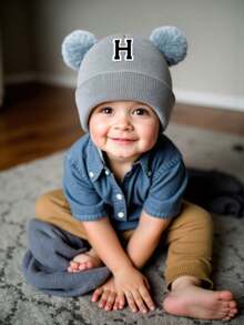 1 buah Topi Rajut Huruf Bayi, Lembut, Hangat dan Nyaman, Cocok untuk Anak Laki-laki dan Perempuan untuk Aktivitas Luar Ruangan di Musim Gugur dan Musim Dingin - Grey - View 2