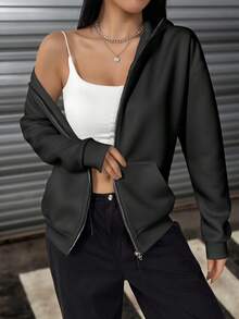 女士宽松版型常规长度卫衣，带拉链和口袋，适合秋季、冬季、万圣节、圣诞节等场合，时尚百搭，可作外套穿着。 - 黑色 - 查看 6