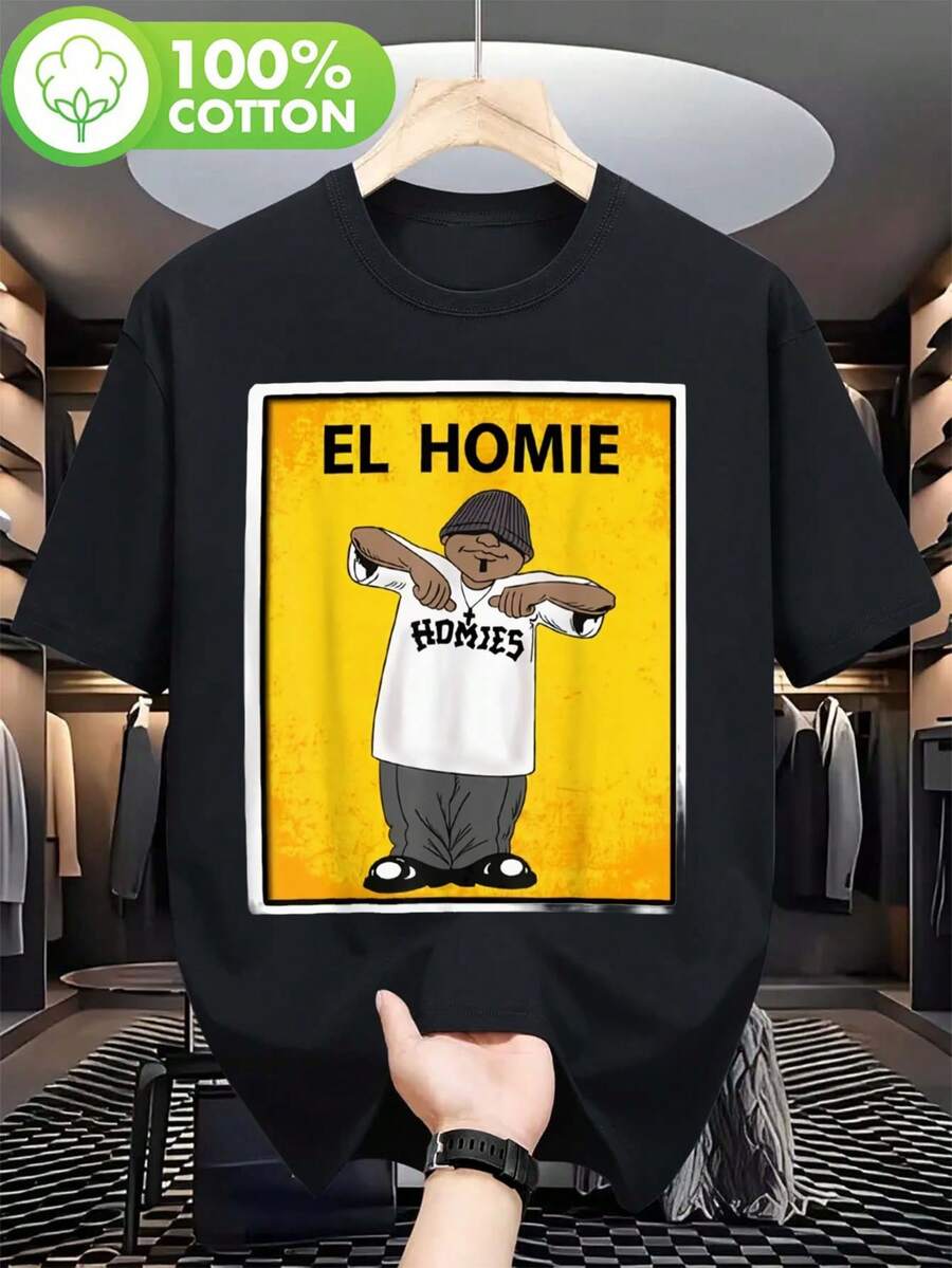 El Homie Graphic T-Shirt For Men |   Fun Spanish Lottery Design, Casual Short Sleeve Tee, Black With Yellow Homies Print, Lightweight 180g, Perfect For Casual Attire, Crew Neck, Slight Stretch Fabric - 黑色 - 查看 1