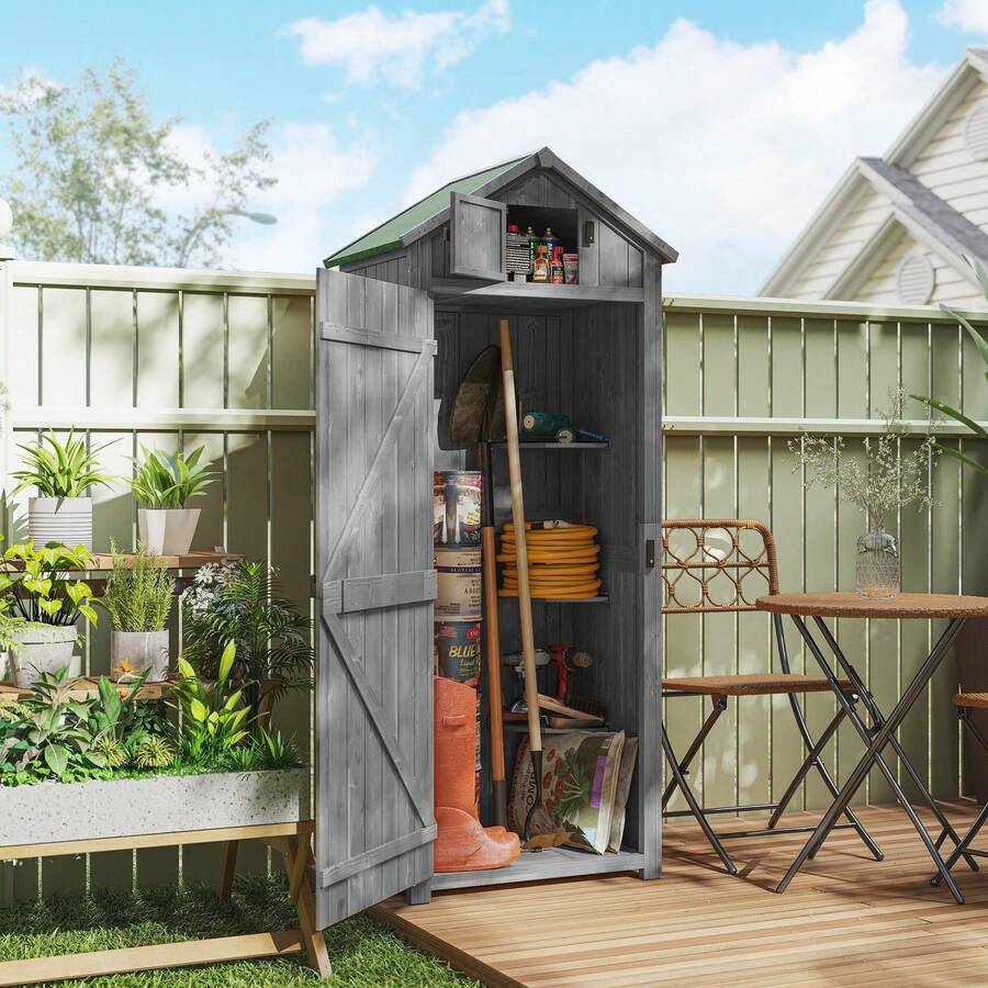 Outsunny 30" X 21" X 71" Garden Storage Shed, Outdoor Storage Shed With 3 Tier Shelves, Workshop Yard Tool Utility Storage House Water-Resistant All-Weather Cover Spire Roof, Grey - 灰色 - 查看 1