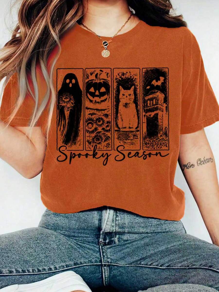 Nightmare Before Christmas, Halloween Clothes, Women Halloween Costumes, Women Halloween Costumes, Women Halloween Costumes, Halloween T-Shirt Autumn Ghost Pattern Women Casual Round Neck Short Sleeve T-Shirt - Orange - View 1