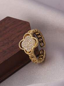 1pc Stainless Steel Fully Paved Clover Ring, Minimalist Cubic Zirconia Finger Ring, Everyday Wear - Full Diamond Four-leaf Clover Ring - View 6