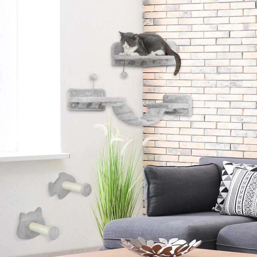 PawHut4 Piece Cat Wall Shelves Wall-Mounted Tree With Platforms Light Grey - Light Grey - View 1