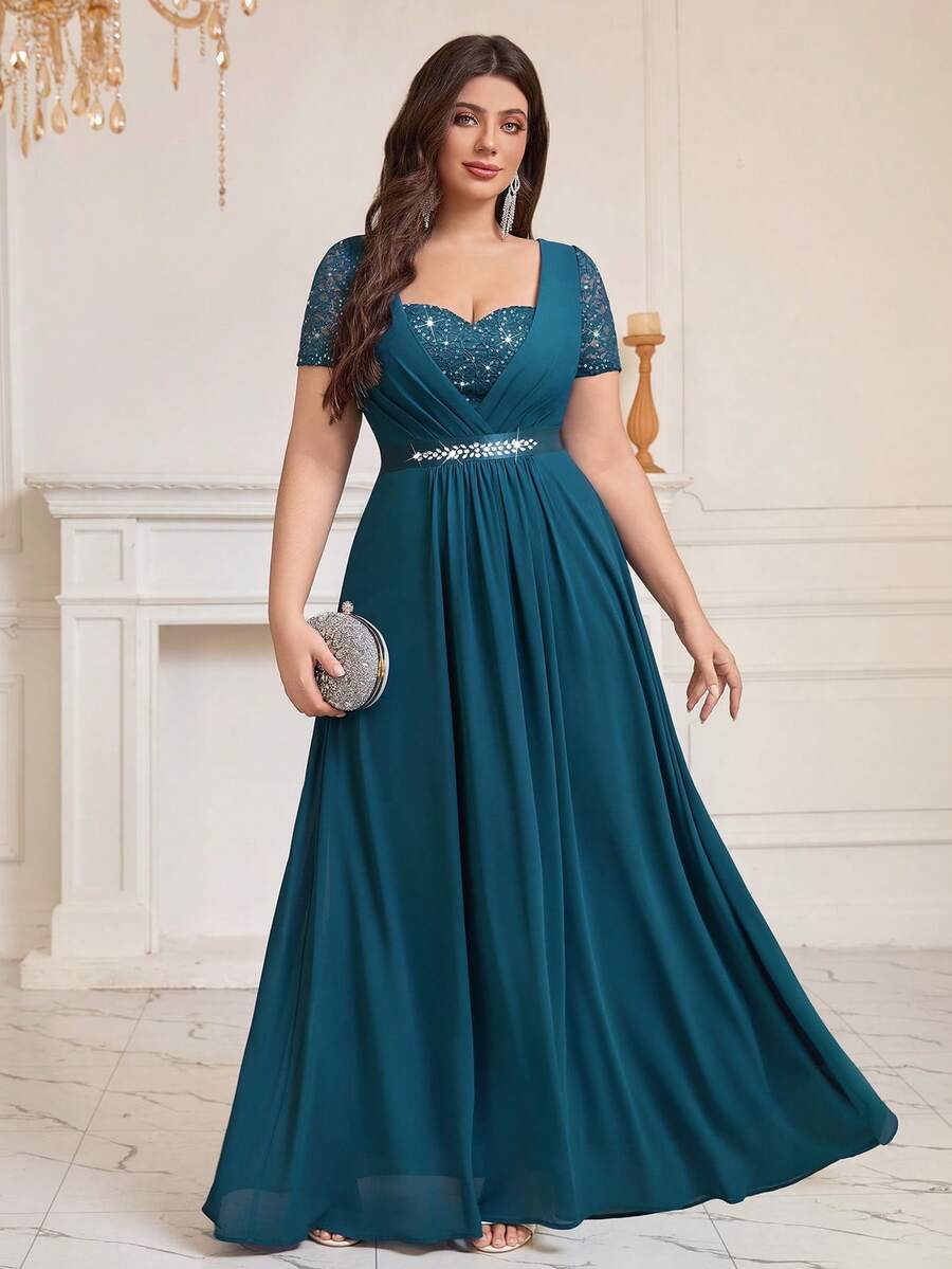 Plus Size Sweetheart Neckline Sequin Floral Lace Contrast Color Rhinestone Satin Waist Chiffon Ruffle Hem Formal Party Maxi Dress, Suitable For Wedding Guest, Prom, Birthday, Banquet, Holiday And Other Occasions Elegant Summer