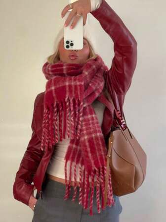 1pc Autumn/Winter Fashion Striped Plaid Fleece Warm Women Boucle Red Wool Thick Scarf, Bohemian Casual Windproof Couple Shawl, Comfortable Blanket Scarf, Suitable For Daily Wear For Dress
