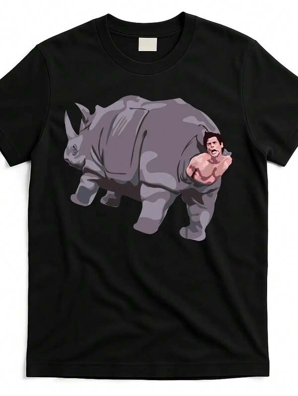 Ace Rhino Humor Graphic T-Shirt - Funny Rhino & Person Cartoon Print, 100% Cotton 220GSM, Unisex Casual Round Neck Tee For Men & Women, All-Season Comfort, Machine Washable