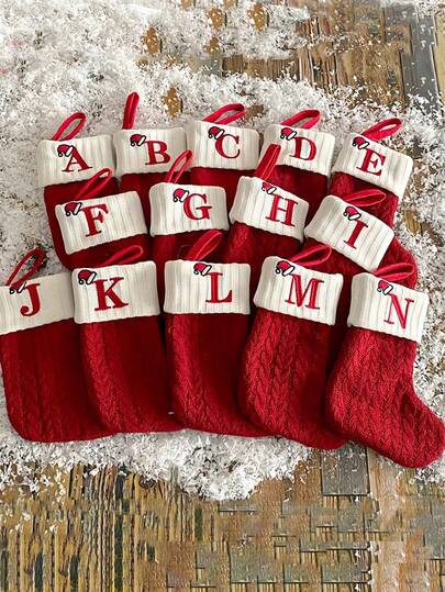 1 pieza Calcetín navideño de punto con monograma, calcetín colgante con letras inglesas pequeñas de Navidad, calcetín colgante de doble cara para chimenea, decoraciones de fiesta de Navidad, regalos de fiesta, artículos personalizados con inicial, decoraciones de árbol de Navidad, decoraciones navideñas para el hogar, paquete de regalos de Navidad, decoración del hogar para el Año Nuevo 2026, decoración de invierno