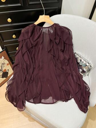 GMFP Women's Casual Elegant Loose Fashion Solid Color New Year/Christmas Long Sleeve Layered Ruffle Trim Party Blouse