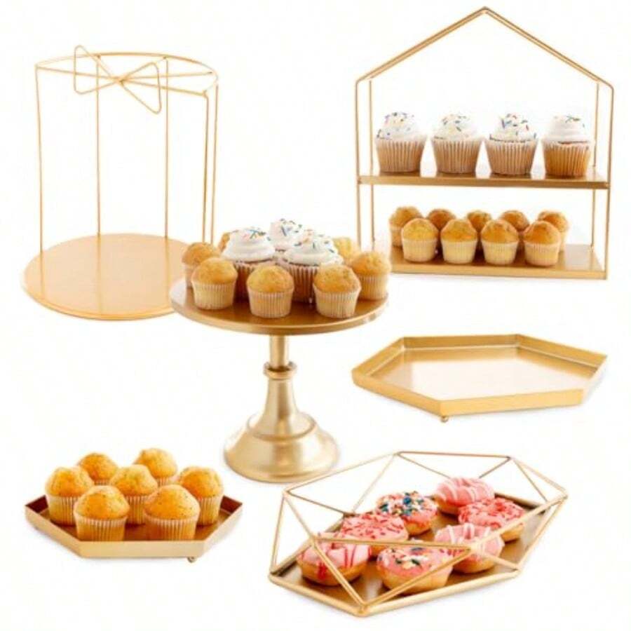 MANGORA BRANDS Gold Cake Stand Set 6Piece Dessert Display Set For Wedding Birthday Or Party Metal Gold Cake Stands For Dessert Table Elegant Tiered Serving Trays By Roppa10 - Gold - View 1