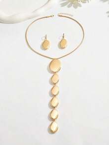 2pcs Gold Metallic Geometric Asymmetrical Ellipse Pendant Necklace & Earrings Set, Exaggerated Extra Long Chain Necklace, Personalized Fashion Jewelry Set, Snake Bone Chain Y-Necklace, For Party, Formal Dress Accessories - 黃金3 - 查看 3