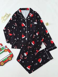 [Dreamery]Christmas Print Women Long Sleeve Pajama Set, Fall Winter Clothes - Black - View 1