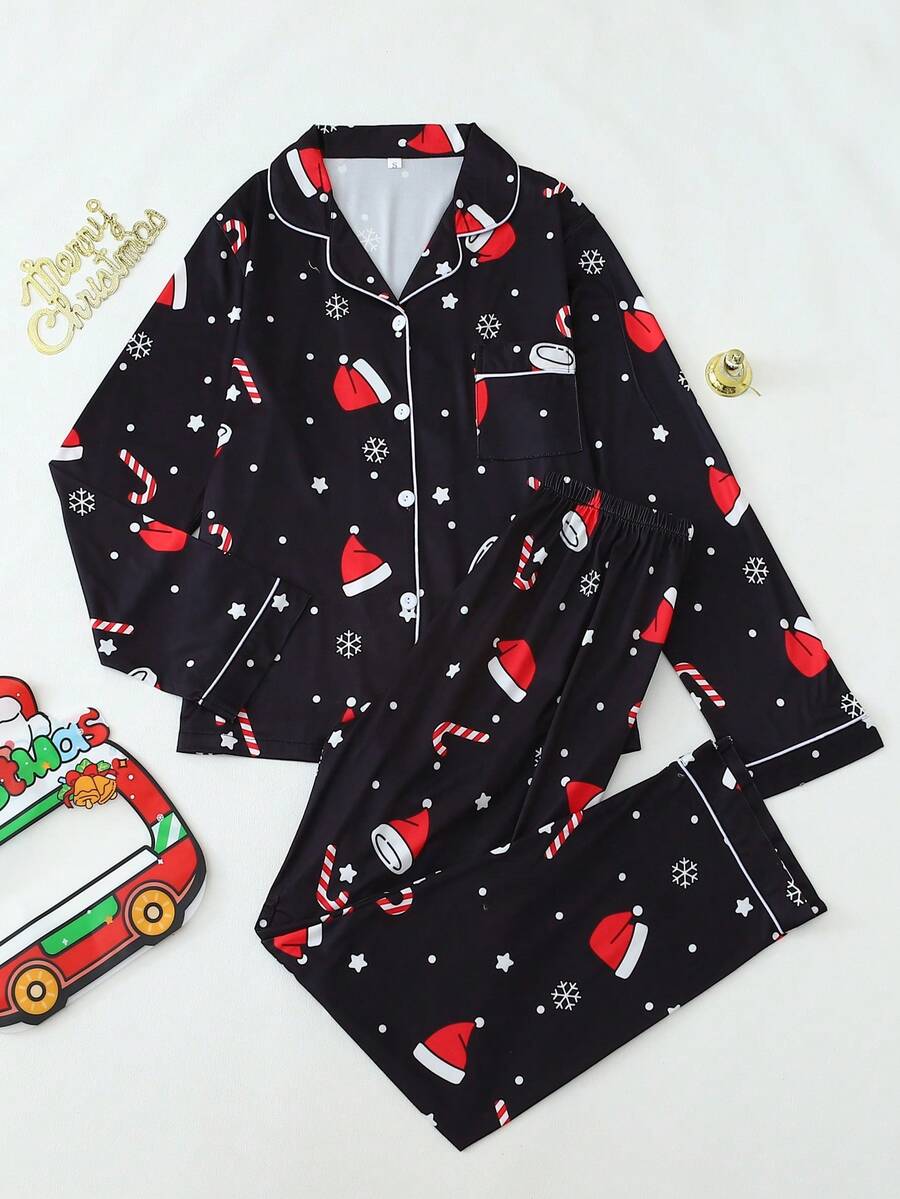 [Dreamery]Christmas Print Women Long Sleeve Pajama Set, Fall Winter Clothes - Black - View 1