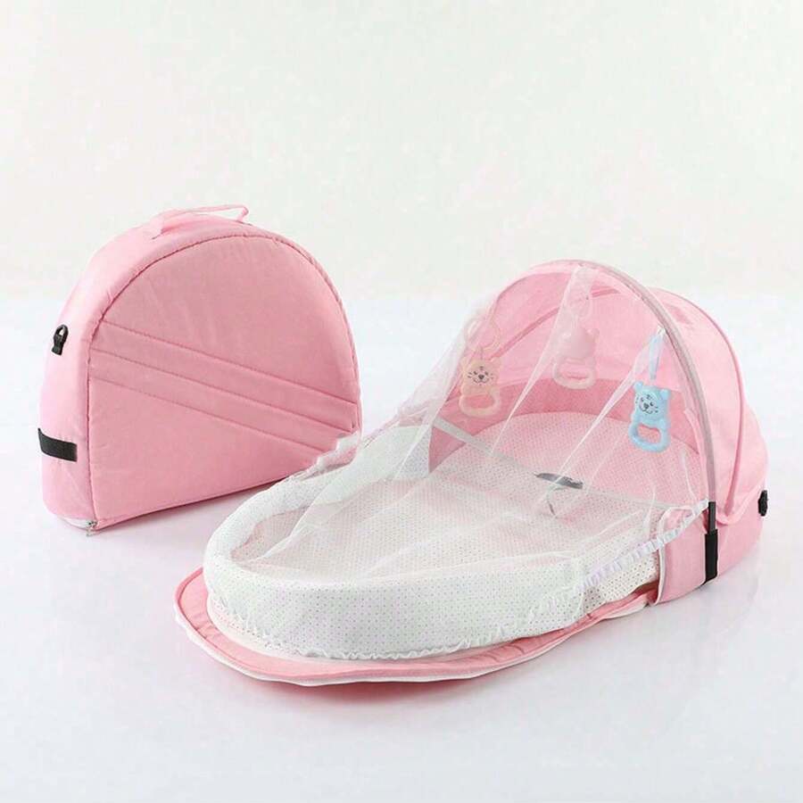 1 Cama plegable portátil anti-presión para bebés de color rosa, un viaje biológico para recién nacidos y bebés