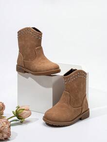 秋冬镂空蝴蝶结西部靴，新款耐磨保暖舒适平底西式百搭宝宝靴 - 薑色 - 查看 6