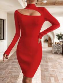 Vestido Corto Ajustado de Cuello Alto y Manga Larga con Abertura en el Pecho para Mujer - Rojo - Ver 3