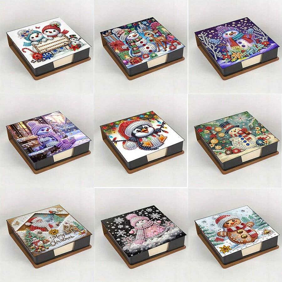 5D 钻石画套装 - 圣诞雪人笔记本便笺盒 - 独特的手工礼物，钻石艺术套装，不对称圆形，适合办公室和家庭办公桌的独特手工礼物 - 彩色 - 查看 1