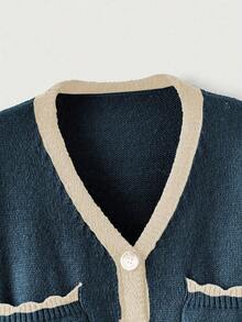 New Stylish Women Elegant Versatile Commuting Contrast Color Embroidered Knit Cardigan Sweater - Ocean Blue - View 4