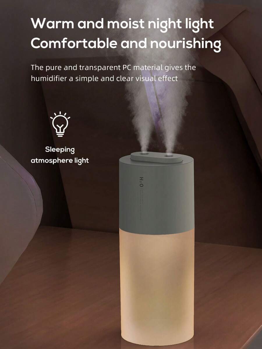 Umidificador portátil USB com reservatório de água de 400ml, bateria de 2000mAh, 2 modos de névoa, luz noturna, ideal para quarto, escritório e carro.