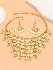 2 pièces Ensemble de boucles d'oreilles et collier avec tête de déesse en métal, accessoires de mode style bohème, convient pour les fêtes d'été décontractées, la photographie, les costumes d'Halloween - A - Voir 7