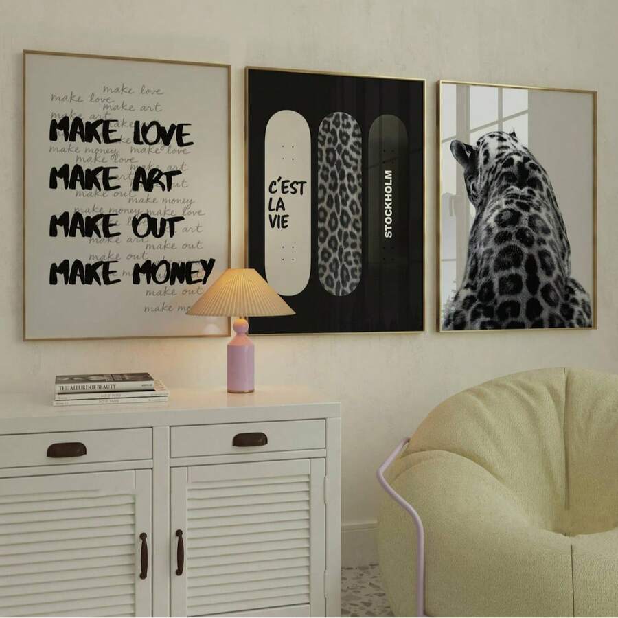 Zestaw 3 bezramowych, czarno-białych, retro, ściennych grafik, 1/3 szt., estetyczny, modny plakat kolażowy Y2K, grunge'owy wzór lamparta do akademika, sypialni i mieszkania | Awangardowy wystrój pokoju, starannie dobrana galeria ścienna