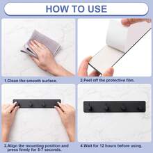 Holder With 4 Hooks,Hanger Organizer Wall Mount With 2 Self-Adhesive Tapes,Metal Rack Entryway, Door, Bathroom, Kitchen(Black) - Black - View 6