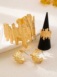 4 件不对称树皮纹理手链、戒指、耳环首饰套装，时尚，适合女性派对和街头穿着 - 金黃色 - 查看 5