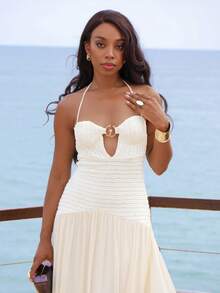 Yess Loren Sukienka damska z falbanką na dole i seksownym dekoltem halter, letnie sukienki dla kobiet - Kolor khaki - Zobacz 2