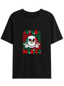 Camiseta Gráfica 'Viva La México' - 100% Algodón, Diseño Divertido del Día de la Independencia Mexicana con Sombreros y Maracas, Camiseta Negra de Manga Corta para Hombres y Mujeres, Estilo Callejero Casual, Lavable a Máquina - Oscuro - Ver 1