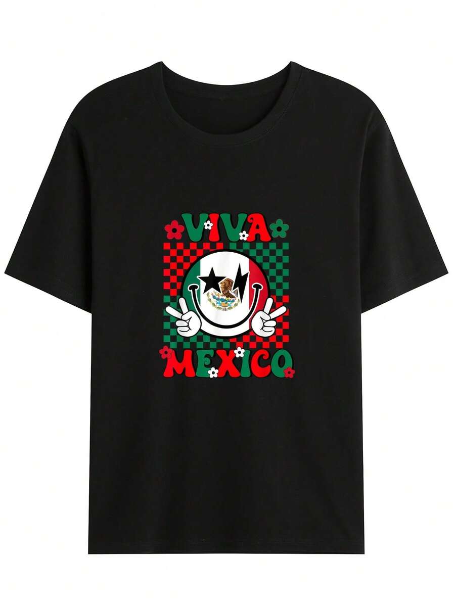 Camiseta Gráfica 'Viva La México' - 100% Algodón, Diseño Divertido del Día de la Independencia Mexicana con Sombreros y Maracas, Camiseta Negra de Manga Corta para Hombres y Mujeres, Estilo Callejero Casual, Lavable a Máquina - Oscuro - Ver 1