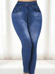 1条装女士无缝高弹牛仔印花紧身裤，适合健身跑步，高腰修身休闲裤，街头风紧身裤，日常穿着舒适 - 藏蓝色 - 查看 2