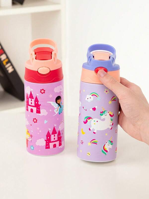 1PC Stainless Steel Cartoon Printed Thermal Bottle, Thermal Mug Cooler, Insulated Roller With Silicone Straw, Portable Water Bottle - Multi-Purpose Water Bottle, Travel, Camping, Back To School Supplies