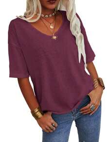 Women's 3/4 Sleeve Shirts V Neck Loose Fitting Tops Casual Solid Color Tshirts  Basic Tunic Summer Ladies Tops - Màu tím - Xem 2