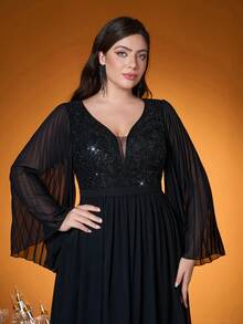 Mgiacy,V Neck,Sequin Embroidery,High-End,Plus Size Ball Dress,Flounce Sleeve,Chiffon,Long Dress,Parties And Weddings,Black,Elegant Dresses For Women - Black - View 6