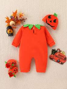 3pcs/Set Kids Pumpkin Print Romper, Hat Autumn & Winter Outfits For Boys And Girls
