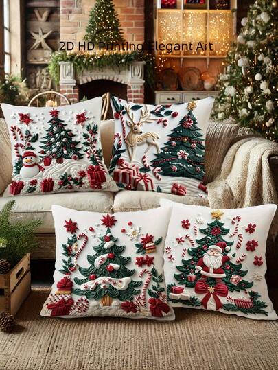 Set de 4 piezas/1 pieza de cojines decorativos navideños - Diseño moderno de muñeco de nieve, Papá Noel, reno y acebo, de 18x18 pulgadas | Cierre con cremallera | Material de poliéster duradero | Adecuado para salas de estar, habitaciones, sofás y dormitorios (excluyendo el relleno) Perfecto para decoraciones navideñas, fiestas de Navidad
