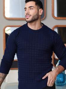 Men's Striped Knitted Sweater Blouse - Navy Blue - View 1