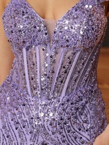 Świecące suknie balowe o kroju syreny długie seksowne formalne suknie wieczorowe dla kobiet ręcznie frezowanie luksusowa suknia balowa z odkrytymi ramionami z tiulowym trenem - Fioletowy - Zobacz 8