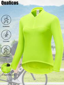 女式长袖骑行服，速干透气自行车衬衫，带后口袋，适合公路和山地自行车 - 芥末黃 - 查看 1