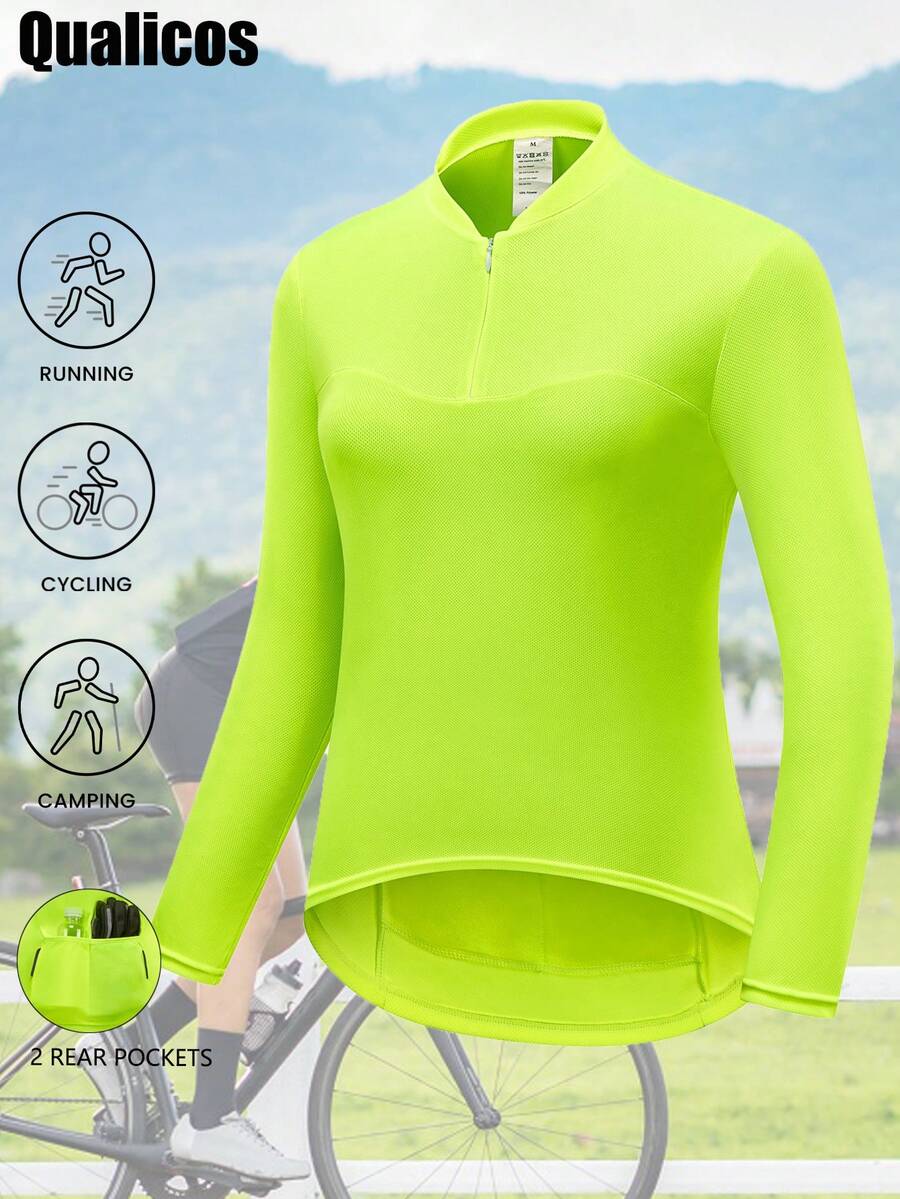 女式长袖骑行服，速干透气自行车衬衫，带后口袋，适合公路和山地自行车 - 芥末黃 - 查看 1
