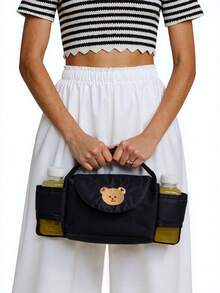 1pc Cute Bear Cartoon Baby Diaper Bag, Multifunctional Mommy Bag, Stylish Hanging Stroller Organizer, Milk Bottle Storage Bag For Daily Use - Black Bear - View 5