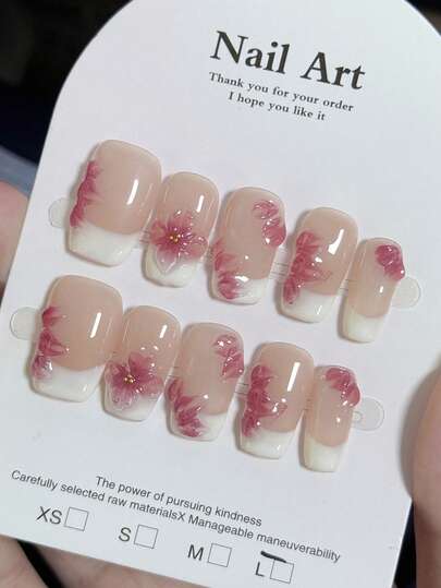 10 peças de unhas francesas com design floral rosa 3D, cobertura total feita à mão, quadradas francesas de comprimento médio, design tridimensional de entalhe de flores pintadas à mão, brilhantes e brilhantes, rosa e branco, formato de bico de pato, estilo minimalista de férias de alta qualidade, entalhe tridimensional elegante, arte de unha