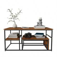 HOKZYHOUSE Couchtisch 2er Set, Wohnzimmertisch, Couchtisch mit Stahlgestell und Ablagen, Industrie-Design, Skandinavischer Stil, Sofatisch aus Holz, Beistelltisch, Vintagebraun