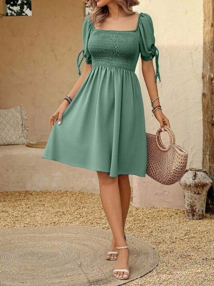 Vestido María corto para mujer, estilo bohemio, con manga aglobada. Elástico en la parte superior para mejor ajuste de talla xs hasta xl. - Verde - Añade 2