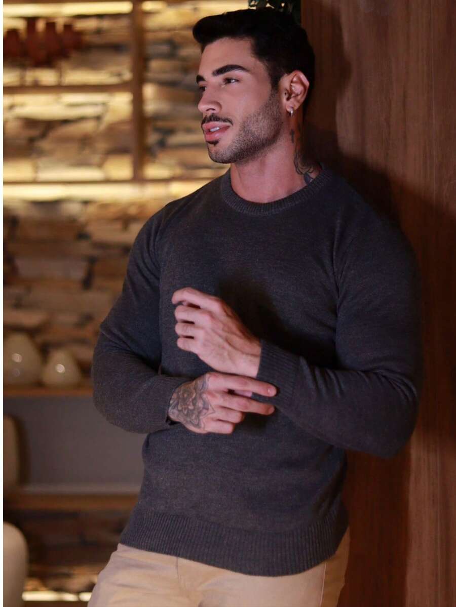 Basic Quality Men's Knitted Sweater - 灰色 - 查看 1