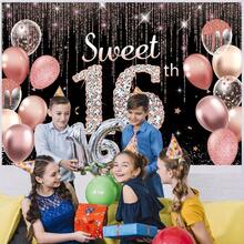 2D Flat Happy Birthday Banner Background, Sweet 16th Birthday, Black Silver Rose Gold Party Decorations, Glitter Balloons, 16th Birthday Party Photography Backdrop